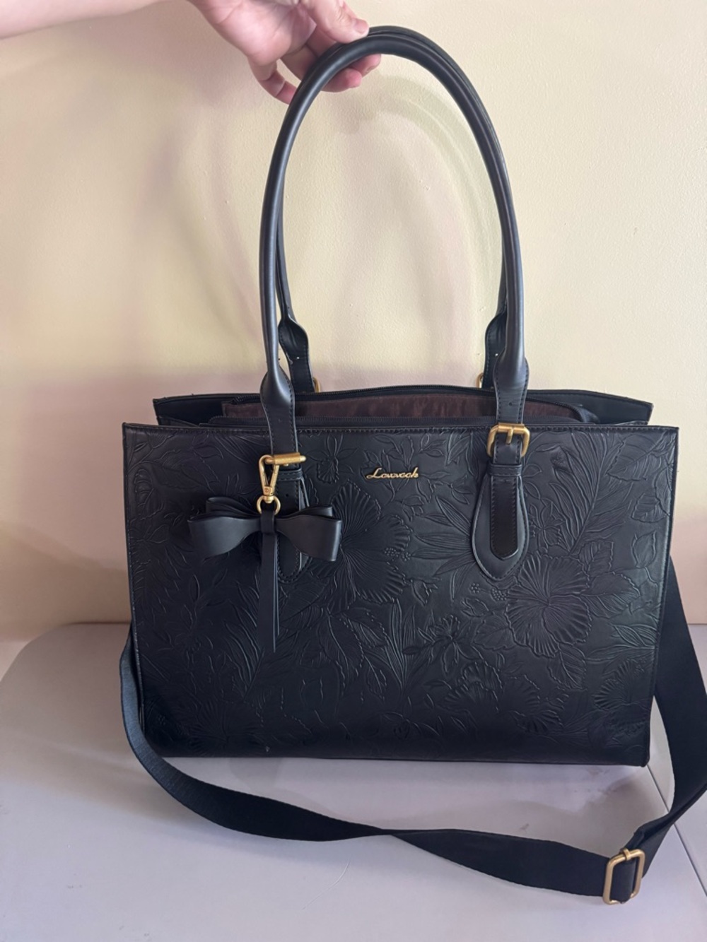Lovevook Black Floral Embossed Tote Bag with Bow Accent